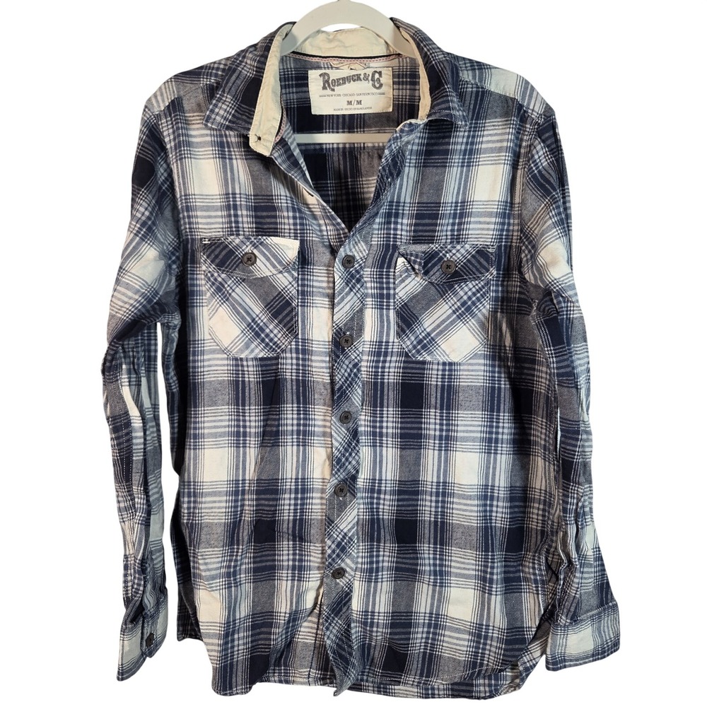 Roebuck & Co Flannel Shirt Mens Medium Blue Plaid Long Sleeve Casual Workwear